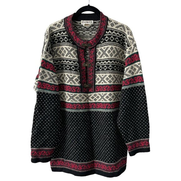 Vintage CLIMAX By Sacha Fair Isle Sweater Black Red Medium - Picture 1 of 8